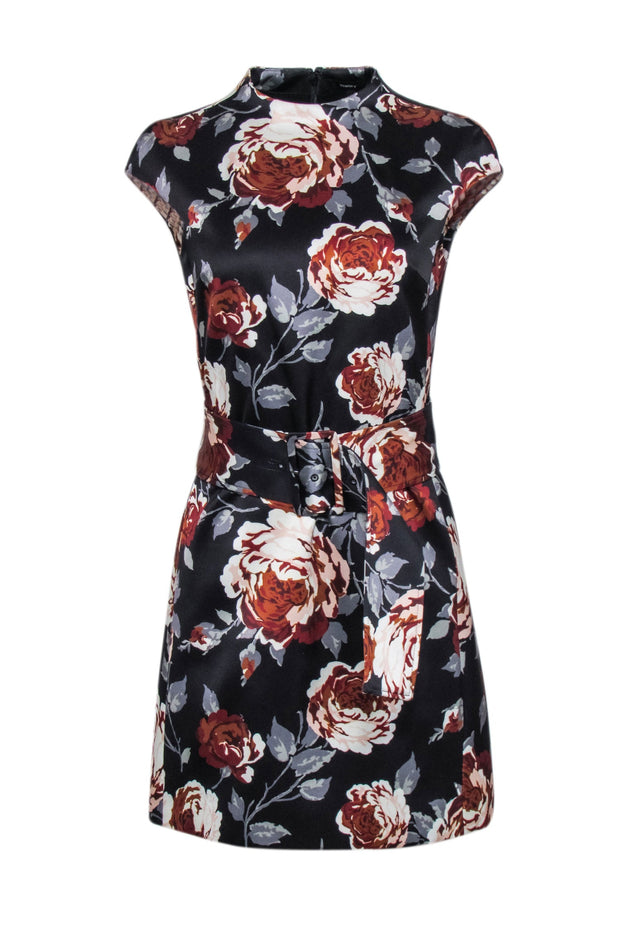 Current Boutique-Theory - Black w/ Rust & Grey Floral Print Satin Sheath Dress Sz 6