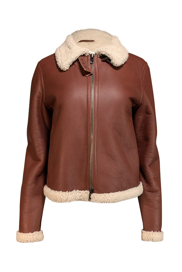 Current Boutique-Theory - Brown "Sedona" Relax Shearling Moto Lamb's Leather Jacket Sz L