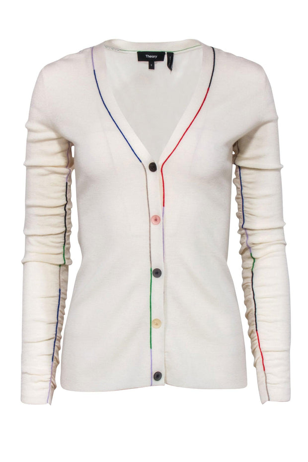 Current Boutique-Theory - Ivory Wool Cardigan w/ Multi-Colored Buttons Sz S