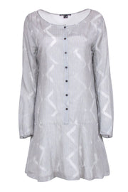 Current Boutique-Theyskens' Theory - White & Blue Print Long Sleeve Drop Waist Dress Sz L