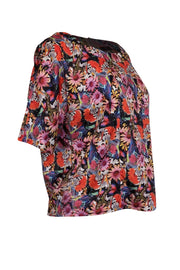 Current Boutique-Tibi - Pink, Black, & Multi Color Floral & Bird Print Cropped Sleeve Top Sz XS