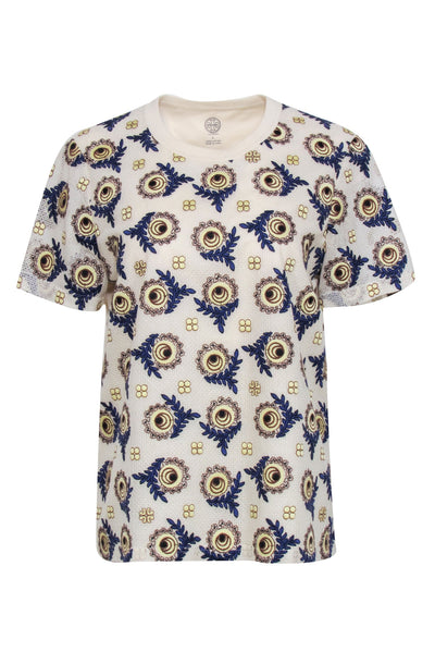 Current Boutique-Tory Burch - Beige, Blue, & Cream Embroidered Print Shirt Sz L