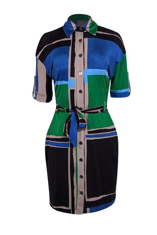 Current Boutique-Tory Burch - Black, Blue, Green, & Taupe Color Block Collared Cropped Sleeve Dress Sz XS