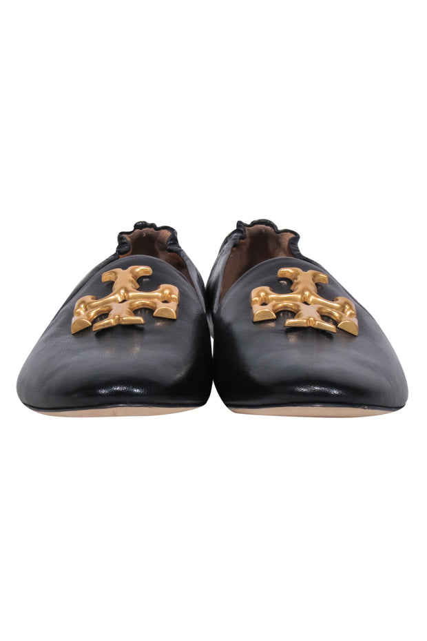 Current Boutique-Tory Burch - Black Leather Flats w/ Large Gold Logo Toe Sz 8.5