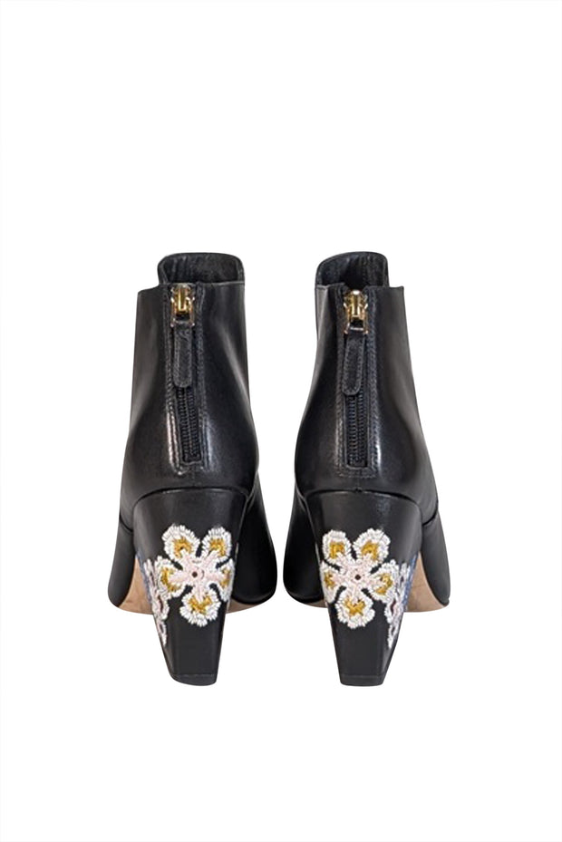 Current Boutique-Tory Burch - Black Leather Peep Toe Booites w/ Floral Embroidery Sz 9