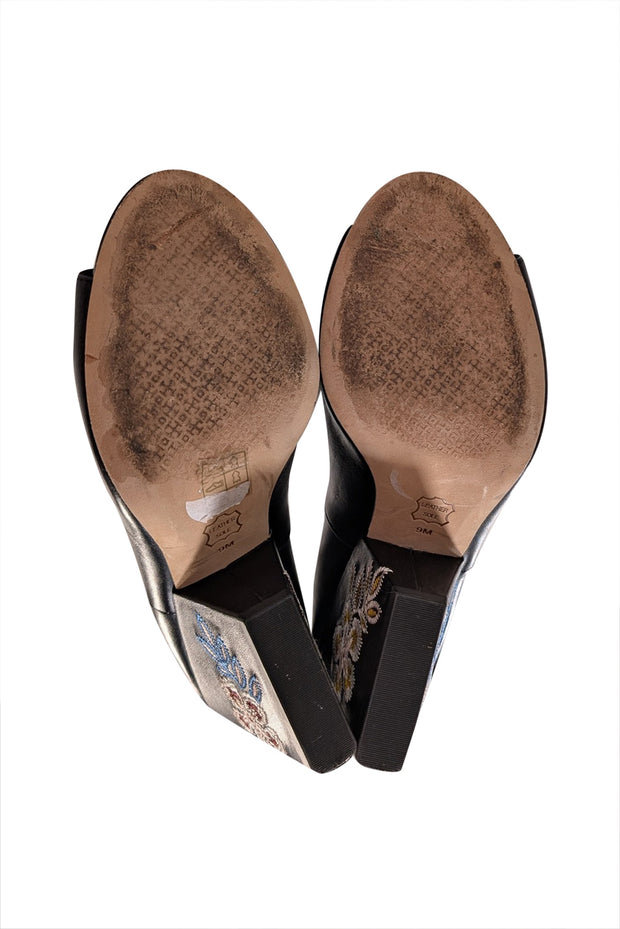 Current Boutique-Tory Burch - Black Leather Peep Toe Booites w/ Floral Embroidery Sz 9