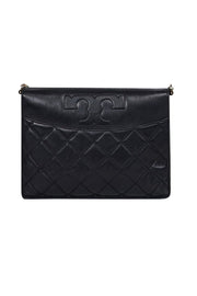 Current Boutique-Tory Burch - Black Leather Quilted Fold Over Crossbody Bag