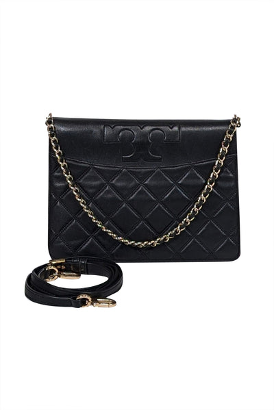 Current Boutique-Tory Burch - Black Leather Quilted Fold Over Crossbody Bag