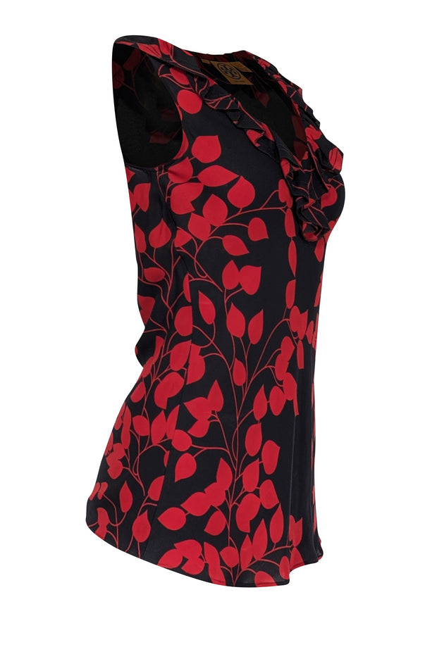 Current Boutique-Tory Burch - Black & Red Leaf Print Sleeveless Silk Top Sz 6