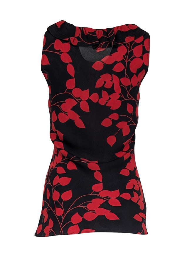 Current Boutique-Tory Burch - Black & Red Leaf Print Sleeveless Silk Top Sz 6