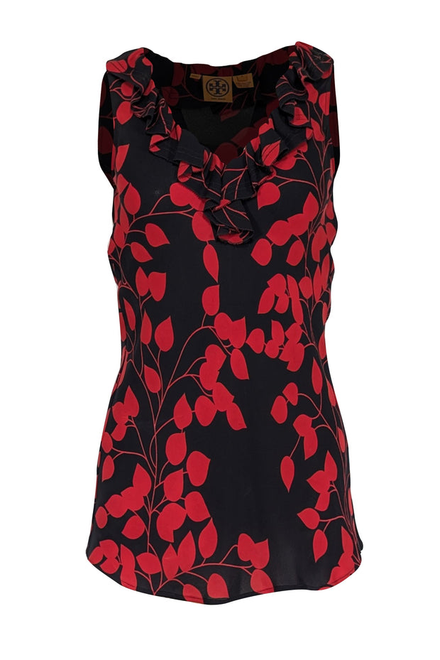 Current Boutique-Tory Burch - Black & Red Leaf Print Sleeveless Silk Top Sz 6