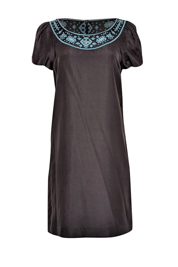 Current Boutique-Tory Burch - Black Silk Shift Dress w/ Turquoise Embroidery Sz 4