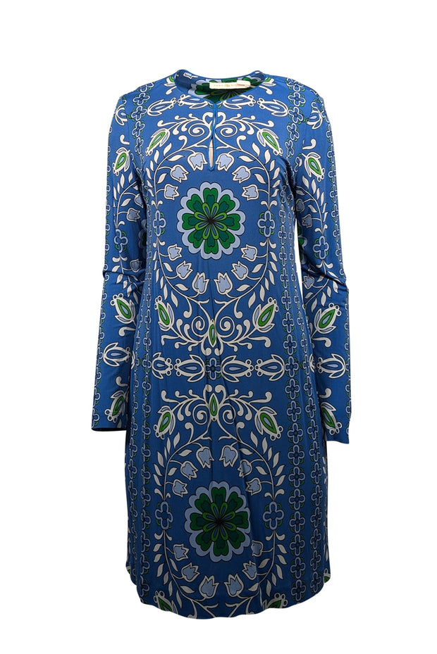 Current Boutique-Tory Burch - Blue, Green, & White Paisley Print Silk Jersey Dress Sz L