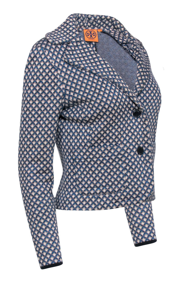 Current Boutique-Tory Burch - Blue Metallic and Beige Diamond Print Knit Blazer Sz S