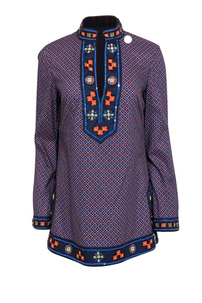 Current Boutique-Tory Burch - Blue & Red Print Beaded Tunic Sz 8