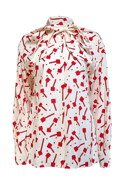 Current Boutique-Tory Burch - Cream Jacquard Bow Blouse w/ Red Lollipop Print Sz 14