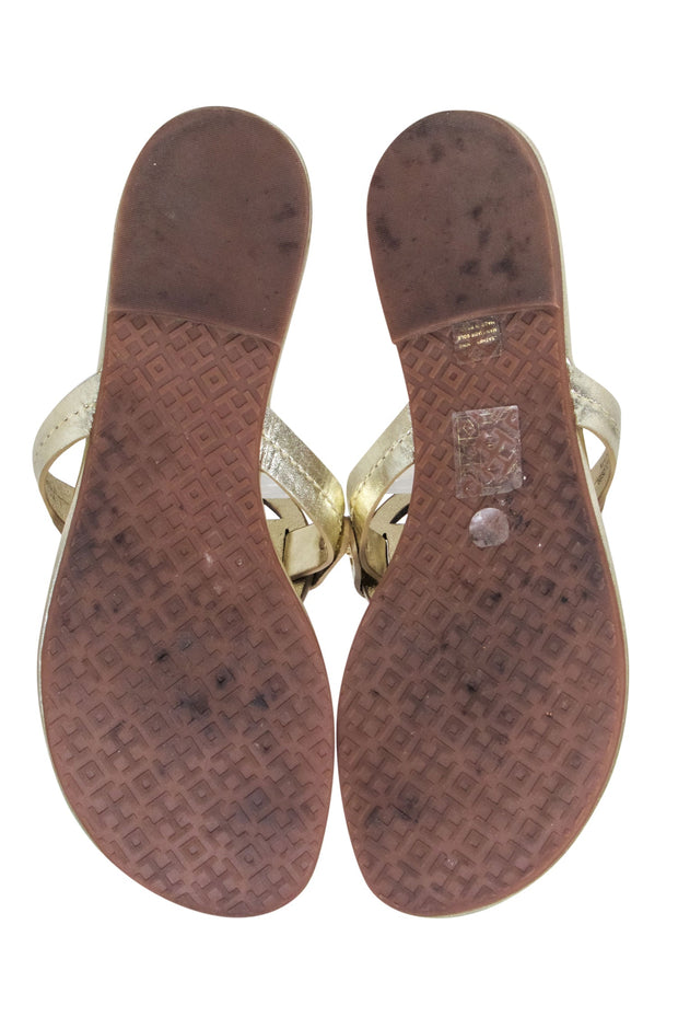 Current Boutique-Tory Burch - Gold Metallic Logo Toe Thong Flip Flops Sz 6