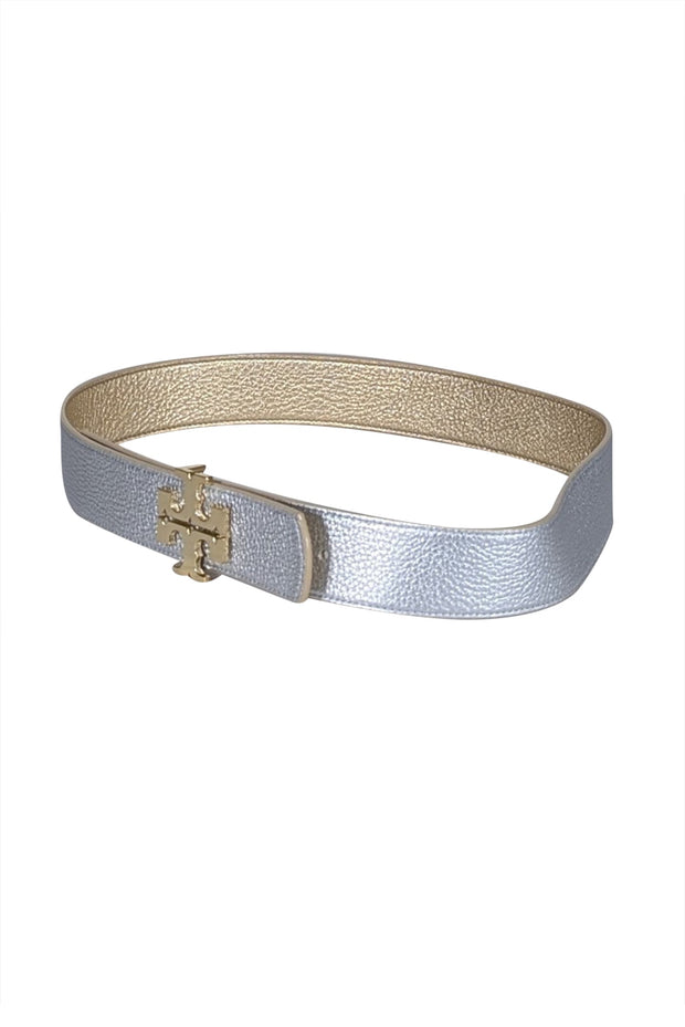 Current Boutique-Tory Burch - Gold & Silver Leather Reversible Belt w/ Logo Buckle Sz M