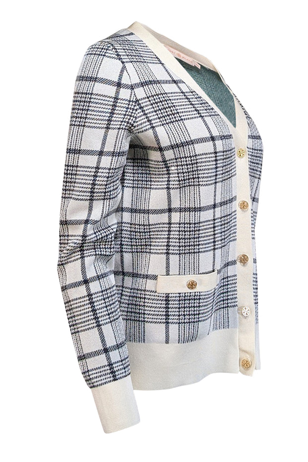 Current Boutique-Tory Burch - Ivory & Black Plaid Cardigan Sz M