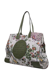 Current Boutique-Tory Burch - Ivory, Green, & Pink Floral Peacock Print Tote Bag