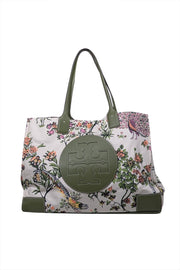 Current Boutique-Tory Burch - Ivory, Green, & Pink Floral Peacock Print Tote Bag