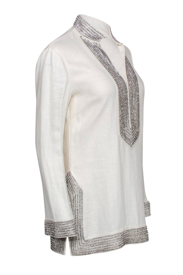 Current Boutique-Tory Burch - Ivory Linen Tunic w/ Rhinestone Embellishment Sz 4