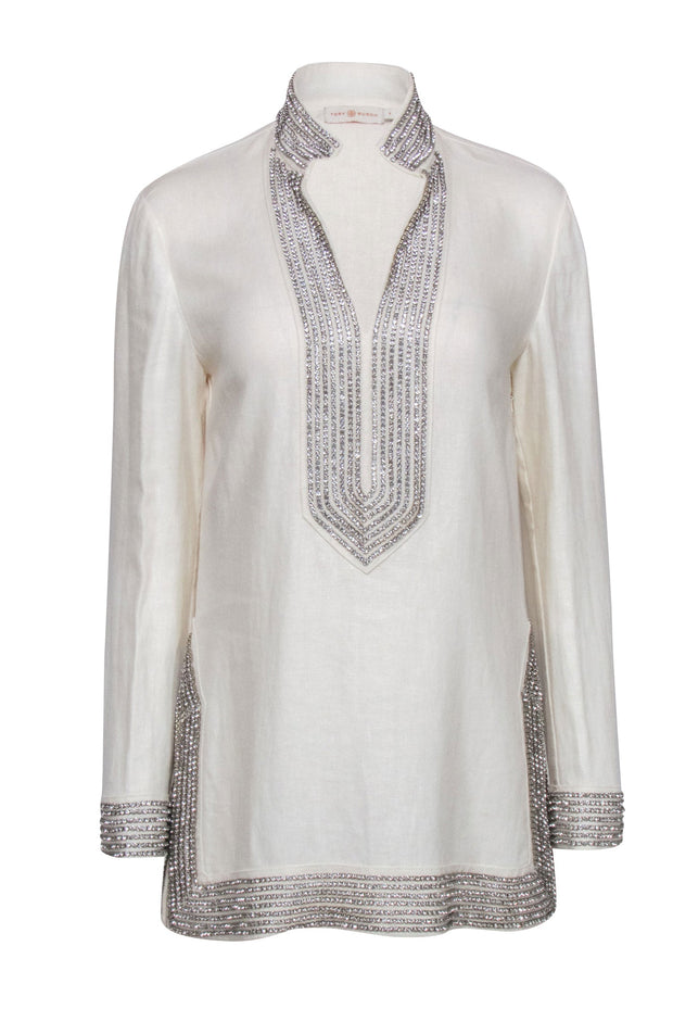 Current Boutique-Tory Burch - Ivory Linen Tunic w/ Rhinestone Embellishment Sz 4