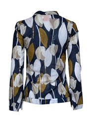 Current Boutique-Tory Burch - Navy, Mustard, Taupe, & Ivory Tulip Print Sequin Embellished Top Sz 6