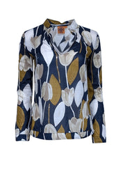 Current Boutique-Tory Burch - Navy, Mustard, Taupe, & Ivory Tulip Print Sequin Embellished Top Sz 6