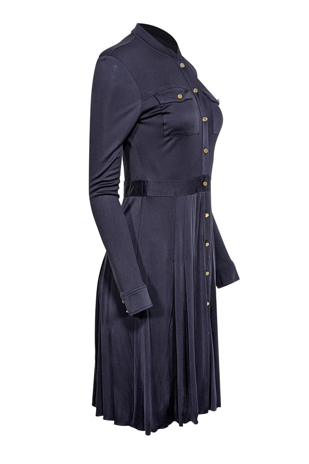 Current Boutique-Tory Burch - Navy Silk Pleated Long Sleeve Dress Sz XS