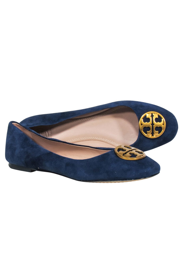 Current Boutique-Tory Burch- Navy Suede Ballet Flats w/ Gold-Tone Logo Sz 8