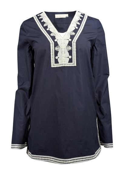 Current Boutique-Tory Burch - Navy & White Embroidered Cotton Tunic Sz 4