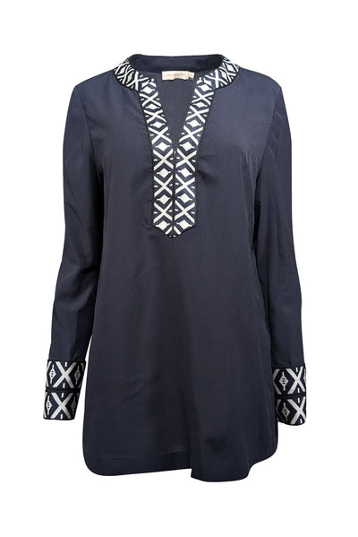 Current Boutique-Tory Burch - Navy & White Embroidered Tunic w/ Zip Cuffs Sz 10