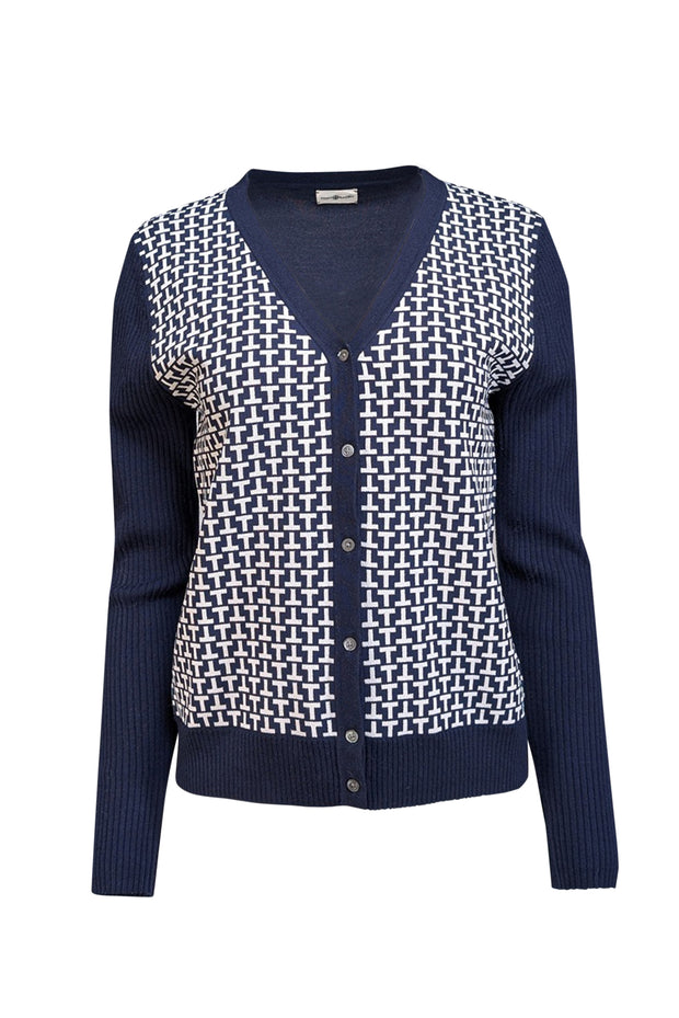 Current Boutique-Tory Burch - Navy & White Logo T Ribbed Cardigan Sz M