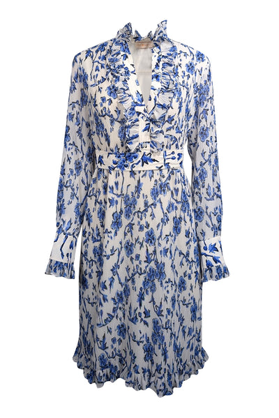 Current Boutique-Tory Burch - Off-White & Blue Floral Print Crinkled Chiffon Dress Sz 8