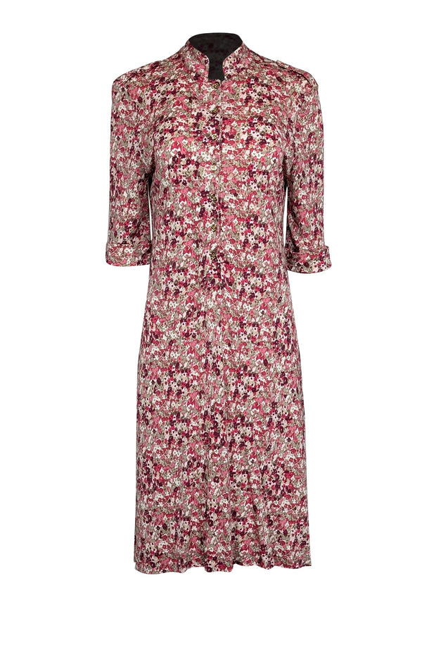 Current Boutique-Tory Burch - Pink & Taupe Floral Print Button Front Dress Sz L