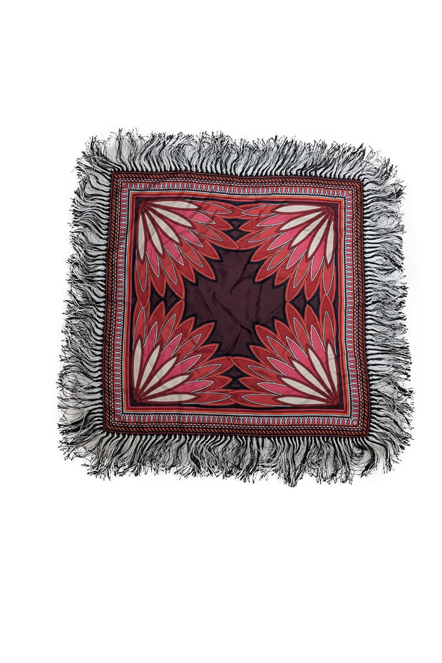 Current Boutique-Tory Burch - Red Multicolor Print Silk Square Scarf w/ Fringe Trim