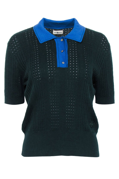 Current Boutique-Tory Burch Sport - Dark Green Knit Polo Top w/ Blue Contrast Collar Sz L