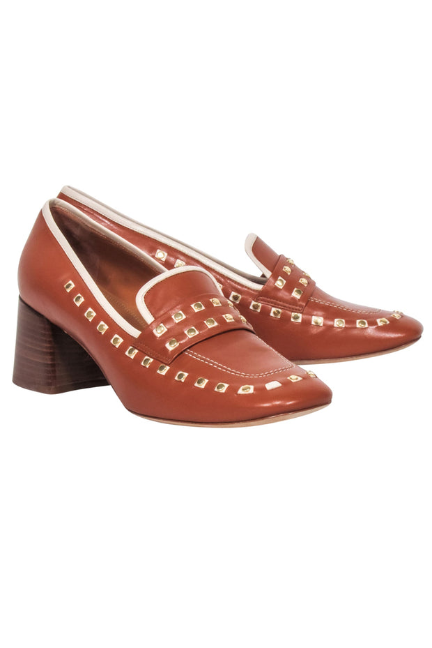 Current Boutique-Tory Burch - Tan Studded Leather Heeled Loafers Sz 9.5