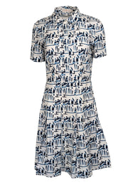 Current Boutique-Tory Burch - White w/ Blue Abstract Figurine Print Poplin Dress Sz 6