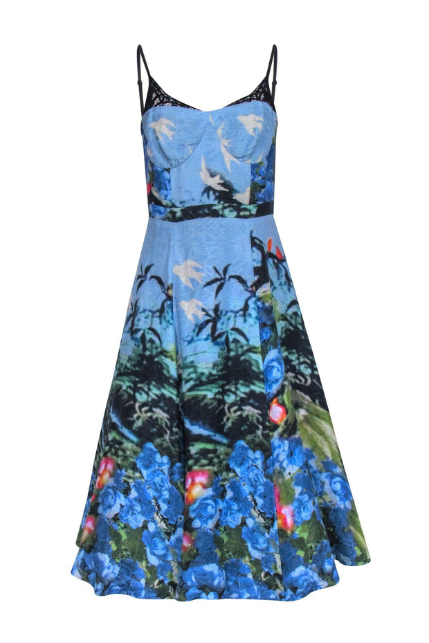 Current Boutique-Tracy Reese - Blue Floral Print Sleeveless Flared Midi Dress Sz 8