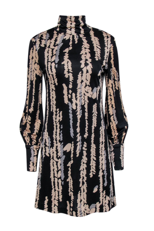 Current Boutique-Trina Turk - Black, Beige, & Grey Silk Printed Mock Neck Dress Sz 6