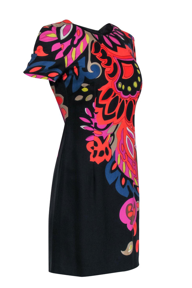 Current Boutique-Trina Turk - Black & Multicolored Floral Print Short Sleeve Shift Dress Sz 4