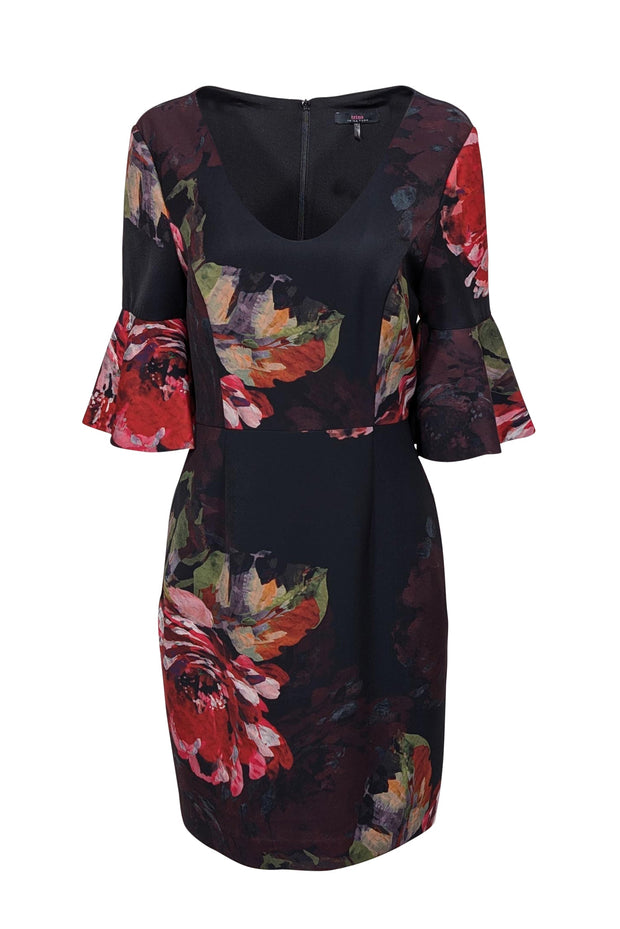 Current Boutique-Trina Turk - Black w/ Red Floral Print Bell Sleeve Dress Sz 10