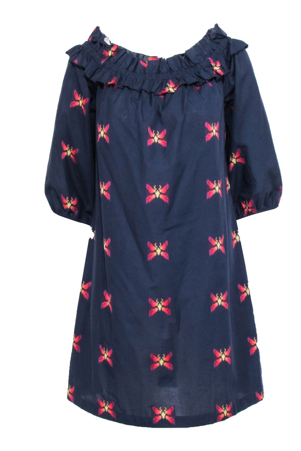 Current Boutique-Trina Turk - Navy w/ Multicolor Butterfly Print Off The Shoulder Dress Sz L