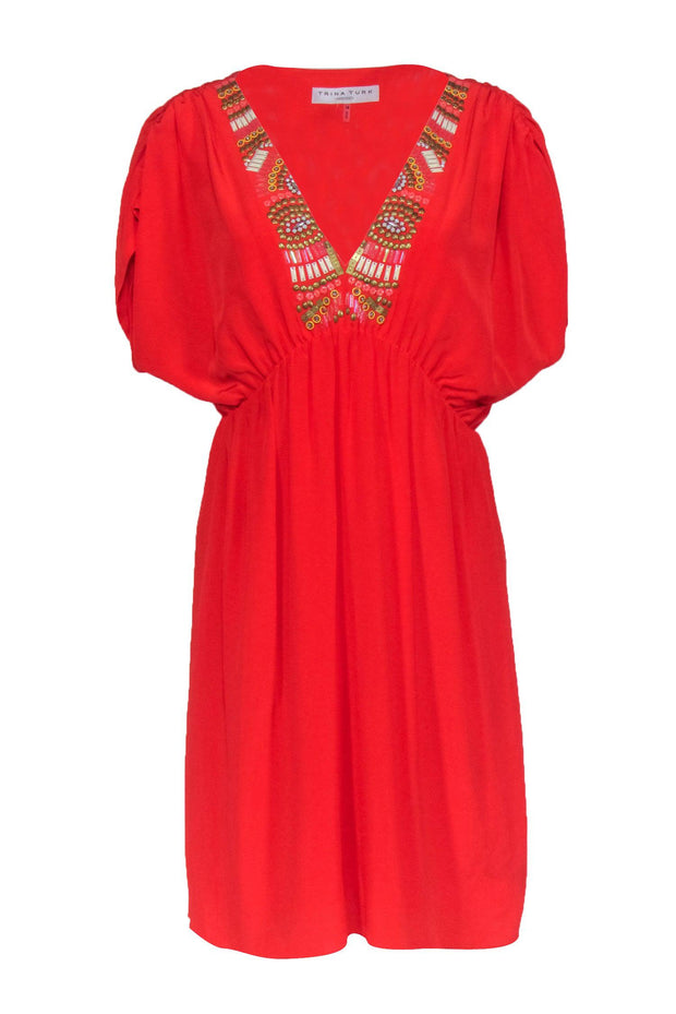 Current Boutique-Trina Turk - Orange Silk Dress w/ Beaded V-Neckline Sz 10