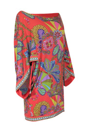 Current Boutique-Trina Turk - Pink Multicolor Abstract Floral Print Long Handkerchief Sleeve Mini Dress Sz M