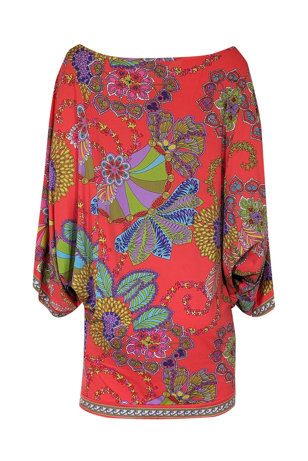 Current Boutique-Trina Turk - Pink Multicolor Abstract Floral Print Long Handkerchief Sleeve Mini Dress Sz M