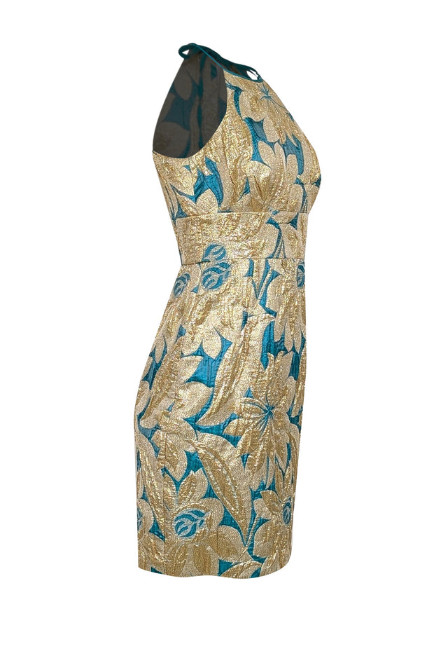 Current Boutique-Trina Turk - Teal Green & Gold Large Brocade Print Sleeveless Open Back Dress Sz 4