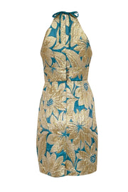 Current Boutique-Trina Turk - Teal Green & Gold Large Brocade Print Sleeveless Open Back Dress Sz 4